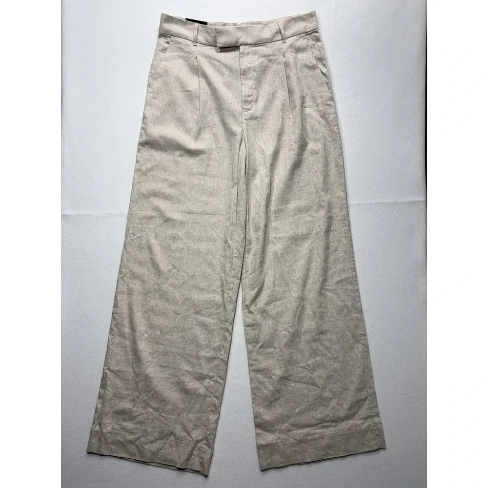 Banana Republic Dress Pants Womens 14 Beige Linen Wide Leg High Rise Relaxed